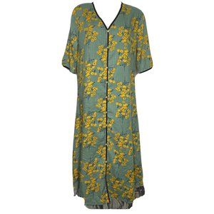 Green Floral Dress Long Buttons Peek A Boo Gray Ruffle Hem  XL Casual New‎